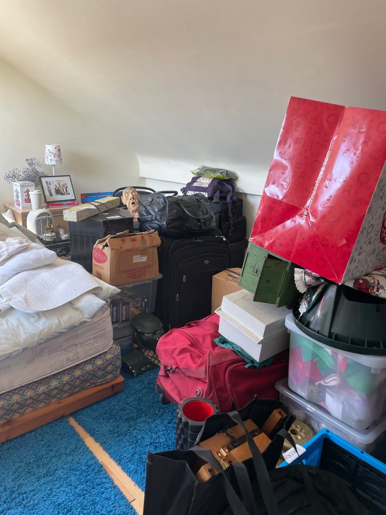 Attic space before clearing around the bed in inaccessible